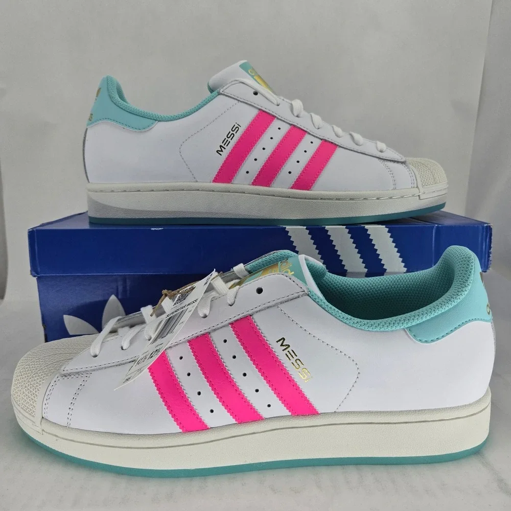 Adidas Superstar Messi JR1979 White Pink Aqua Blue Shell Toe Shoes Mens 11.5